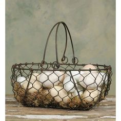 Wire Gathering Basket With Metal Handles-CTW Home-The Village Merchant Farmhouse Eggs, Chicken Wire Basket, Wire Egg Basket, Gathering Basket, Primitive Bathrooms, Rustic Baskets, Primitive Kitchen, Egg Basket, Metal Baskets