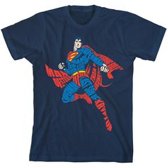 It doesn’t get much more classic than this youth navy blue graphic tee. The retro-style superhero tee features a big, colorful graphic that has been professionally printed to ensure long-lasting print quality. The Superman fan apparel tee shirt is navy blue, and has short sleeves for comfort and style in any weather. The classic comic book character apparel is made of 100percent preshrunk cotton jersey. It can be machine washed in cold water with like colors, then tumble dried for easy care. As Superhero Cotton T-shirt With Character Print, Blue Band Merch T-shirt With Logo Print, Blue Pop Culture T-shirt With Character Print, Superhero Graphic T-shirt For Fans, Blue Graphic Tee With Character Print, Blue Superhero T-shirt With Character Print, Blue Character Print Graphic Tee, Superhero Fan Merchandise Cotton T-shirt, Blue Band Merch T-shirt With Graphic Print