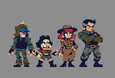 an image of people in pixel art style with different outfits and hair styles, all standing together