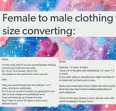 an advertisement for women's clothing with space in the background and text that reads female to male clothing size convering