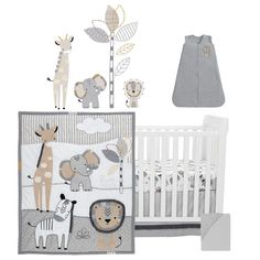 a crib bedding set with animals and giraffes