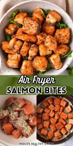 different types of food that include carrots, chicken and other vegetables with the words air fryer salmon bites