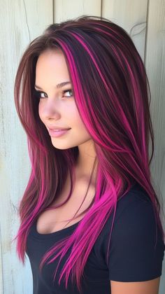 New Hair Dye Ideas, Hair Color Ideas For Brunettes For Summer Balayage Highlights Long, Pink And Blonde Skunk Hair, Pink Purple Black Hair, Fun Colored Hair Ideas, Burgundy Hair With Pink Highlights, Dark Pink Hair Color Ideas, Pink And Dark Brown Hair, Colorful Hair Highlights