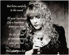 a woman holding a microphone in front of a black and white photo with the words, but listen carefully to the sound