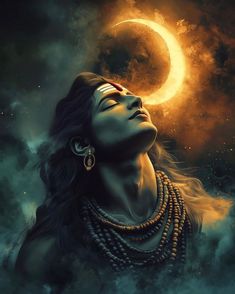 a woman with her eyes closed looking up at the moon