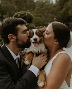 a bride and groom kissing their dog outside