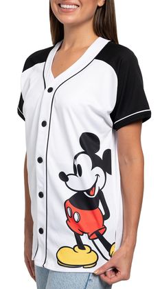 PRICES MAY VARY. 100% Polyester Imported Button closure Machine Wash Disney women's button front shirt with a print of Mickey Mouse on the left side - officially licensed Back is printed with number "28" (the year Mickey Mouse was created) and "MICKEY" Unisex baseball jersey style, roomy/straight cut (Not fitted) in women's sizes and women's plus sizes (note that size 1X is larger than size 2XL) Underarm to underarm: S=19", M=20", L=21", XL=22", 2XL=23", 1X=25", 2X=27", 3X=29", 4X=31" Length bac Stitch Jack Skellington, Jersey Style, Baseball Women, Disney Dresses, Loose Outfit, Disney Ladies, Disney Shirts, Disney Outfits, Baseball Jersey