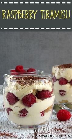 two desserts with raspberries in them on a table