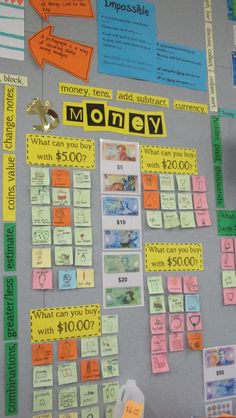 a bulletin board covered in sticky notes and magnets with money written on the back