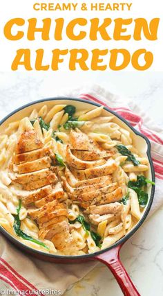 creamy and hearty chicken alfredo in a skillet