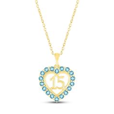 A stunning surprise for the birthday girl, this 10K yellow gold Quinceañera necklace features a heart with the number 15 at the center. Cool Swiss blue topazes trace the heart, making the necklace an ideal gift for a December birthday. The pendant sways from an 18-inch cable chain that secures with a spring-ring clasp. Quinceañera Necklace, Quinceanera Necklace, Number 15, December Birthday, Swiss Blue Topaz, Accessories Jewelry Necklace, Birthday Girl, Quinceanera, Spring Rings