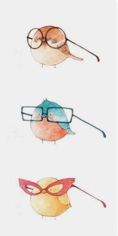 three birds with glasses on their heads