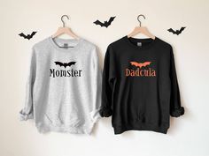 "Momster and Dadcula Matching Halloween Shirts, Couples Halloween Shirts, Momster Shirt, Dadcula Shirt, Mom Halloween Shirt,Dad Halloween Tee These matching Halloween sweatshirts for mom and dad are perfect to wear trick or treating or to hand out candy! Want the 'Momster' t-shirt instead? Click here: https://www.etsy.com/listing/817781713/ Want the 'Dadcula' t-shirt instead? Click here: https://www.etsy.com/listing/817782835/ ---HOW TO ORDER--- 1 ) Please, check and review all photos for import Halloween Sweatshirt For Women, Bratz Halloween Costume, Witch Sweater, Halloween Crewneck Sweatshirt, Cat Ghost, Gender Neutral Clothes, Halloween Crewneck, Ghost Dog, Matching Halloween