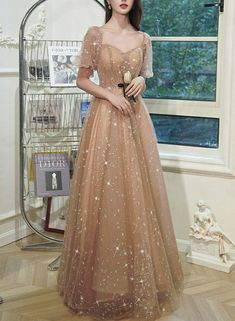 Champagne Tulle Long Evening Gown Party Dress, Short Sleeves Long Formal Dresses Ball Gown Short, Tulle Party Dress, Tulle Evening Dress, Wedding Dresses With Straps, Dresses Formal Elegant, Long Evening Gowns, Beige Dresses, Party Dress Short, Evening Dresses Elegant