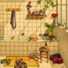 a painting of a bathroom with plants and stuffed animals on the bathtub, rugs and towels