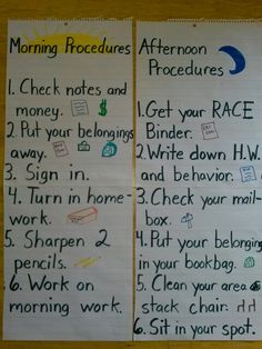 two paper signs with writing on them that say morning and after noon procedure, check notes and get your race