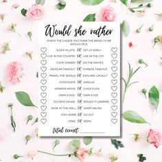 a printable wedding checklist with pink flowers and greenery on the side that says, would she be married?