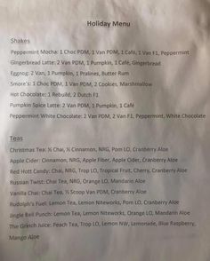 a menu listing the holiday menu