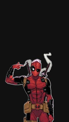 deadpool is standing in the dark with his hands on his hips and pointing at something