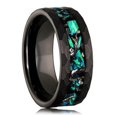 black ceramic ring with blue and green inlays