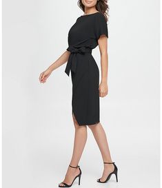 Kensie Textured Knit Boat Neck Tie Waist Short Sleeve Blouson Dress | Dillard's Fitted Belted Dress With Short Sleeves For Party, Chic Tie Waist Dress For Party, Chic Belted Dress With Tie Waist For Party, Chic Belted Dress For Party, Chic Party Dress With Belted Tie Waist, Chic Office Belted Dress With Tie Waist, Belted Sheath Midi Dress For Party, Elegant Belted Dress With Tie Waist For Party, Casual Fitted Belted Dress With Tie Waist