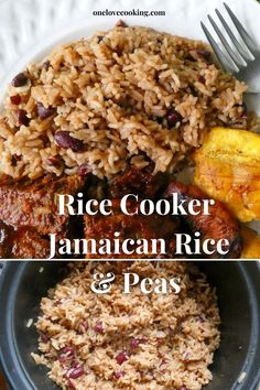 rice cooker jamaican rice and peas on a white plate with text that reads rice cooker jamaican rice and peas