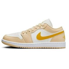 Women's Air Jordan 1 Low Sail/Yellow Ochre-Pale Vanilla Size: 12.  Color: White.  Gender: female.  Age Group: adult. White And Gold Shoes, Jordan 1 Low White, Nike Sneakers Mens, Leather Trend, Jordans Women, Womens Air Jordans, Mid Top Sneakers, Yellow Ochre, Air Jordan Sneakers