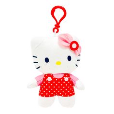 a hello kitty keychain with a red bow on it's head and polka dots