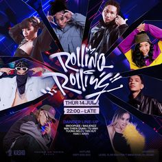 a poster for the rolling rottens tour with photos of people in different outfits and colors