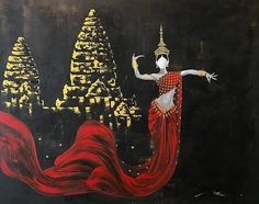 a painting of a woman dancing in front of a cityscape with gold spires