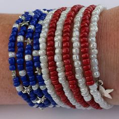 Memory Bead Bracelets, Memory Wire Crafts, Memory Bracelets Diy, Patriotic Bracelets Diy, Patriotic Beaded Bracelets, Memory Wire Necklace, Patriotic Beaded Jewelry, Memory Wire Earrings, Diy Memory Wire Bracelets