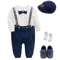 Mini Gentleman Baby Boy Outfit - Momorii Baby Suspenders Outfit, Formal Boys Outfit, White Long Sleeve Romper, Blue And White Outfits, Baby Suspenders, Bowtie And Suspenders, True Gentleman, Boy Stuff