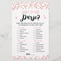 what's in your purse game with pink confetti on white paper and black lettering