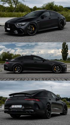 three different views of a black sports car