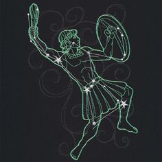 a drawing of a dancing woman with stars in her hair on a black background that has swirls and dots