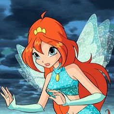 a cartoon character with red hair and blue dress holding her hand out to the side