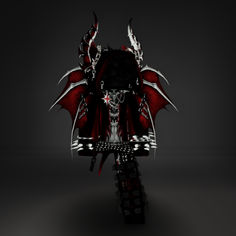 a red and black robot with horns on it's head, standing in the dark