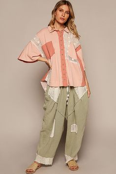 POL Oversized Thermal and Lace Button Down Top in Blush Multi Shirts & Tops POL Clothing Oversized Pink Blouse With Pockets, Oversized Pink Blouse With Button Closure, Oversized Pink Blouse With Buttons, Umgee Clothing, Thml Clothing, Umgee Dress, Umgee Tops, Lace Button, Short Cardigan