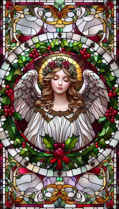 a stained glass window with an angel surrounded by holly wreaths