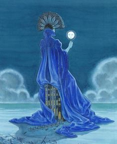 a painting of a woman with an umbrella standing in front of the ocean at night