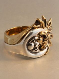 The Eclipse Ring is a striking two part ring set. The silver moon nestles into the golden rays of the bronze sun. The contrast of the two metals is striking and appropriately, the sun is cast in bronze and the moon is cast in sterling silver. We have many ring sizes immediately available. We will contact you to let you know if we have your chosen ring size in stock or when to expect shipment. Our bronze jewelry is antiqued lightly, and bronze will tarnish, or patina over time. To maintain the go Moon Sun Ring, Moon And Sun Rings, Art Nouveau Jewelry Ring, Moon And Sun Ring, Eclipse Ring, Eclipse Jewelry, Sun And Moon Ring, Sun And Moon Rings, Fancy Stuff