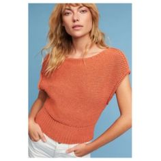 Orange Anthropologie Moth Boatneck Cropped Short Sleeve Knit Sweater -Pullover Short Sleeve Knit Sweater, Boat Neck Tops, Bell Sleeve Sweater, Open Knit Sweater, Anthropologie Sweater, Knitting Women Sweater, Lightweight Tops, Knitted Pullover Sweaters, Wool Blend Sweater