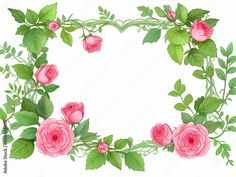 pink roses and green leaves are arranged in a square frame on a white background with space for text