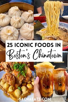 Grid of 4 pictures including soup dumplings from Taiwan Cafe in Boston's Chinatown, Ramen in Chinatown, Hong Kong Egg puffs from Shojo, and Brown Sugar Boba from Tiger Sugar. There is white text saying "25 Iconic Foods in Boston's Chinatown" in the center. White text saying "sachaeats.com" at the bottom of the image. Chinatown Boston Massachusetts, Boston Where To Eat, Places To Eat In Boston Ma, Boston Chinatown Restaurant, Boston Foodie Guide, Boston Food Bucket List, Best Food In Boston, Best Places To Eat In Boston, Salem Massachusetts Food