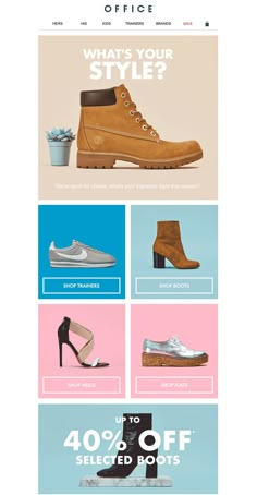 the website for office shoes is shown with different colors and styles, including high heeled boots