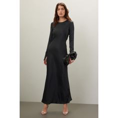 Black jersey (100% Polyester). A-line. Long sleeves. Crewneck. Side zipper closure. See Fit Notes for sizing. Imported. Backless Gown, Stunning Gowns, Black Jersey, Rent The Runway, Closet Designs, Side Zipper, Red Carpet, A Line, Crew Neck