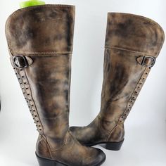 These Amazing Vince Camuto Studded Biker Boots Are In Brand New Condition. The Size Stickers Are Still On The Soles. No Box Or Tags. There Are A Few Scuffs From Storage, But Those Should Buff Out Easy. They Have An Antiqued Wear Look To Them. Size 5b/35 They Have 1 1/2" Heels, 19" Tall And Fit Calves 14" Around. Vince Camuto Studded Boots, Rugged Boots With Rivets And Round Toe, Brown Boots With Rivets For Fall, Brown Fall Boots With Rivets, Fall Brown Boots With Rivets, Distressed Brown Round Toe Boots For Fall, Leather Knee-high Moto Boots With Rivets, Casual Leather Knee-high Moto Boots, Western Brown Boots With Rivets