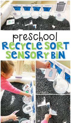 a collage of photos showing how to make a recycled sorter bin with scissors