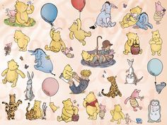 winnie the pooh and friends stickers are all in different positions, including balloons