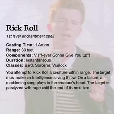 a man in a black jacket and striped shirt is holding a microphone with the words rick roll on it